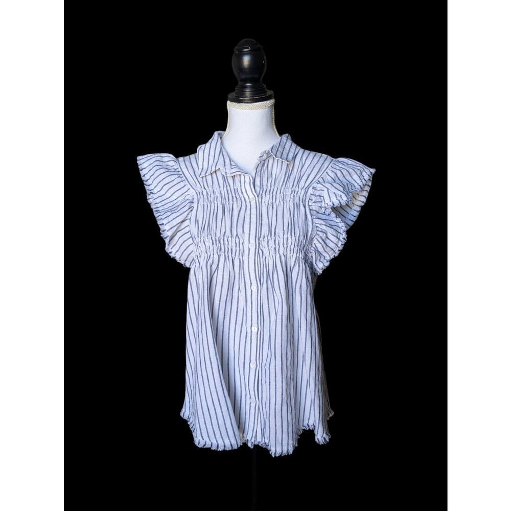 Melissa Nepton Bini Shirred Collar White Blue Striped Blouse Size Large Linen